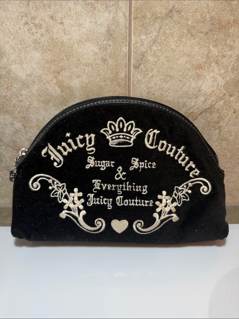 vintage Juicy Couture black velour makeup bag  with  "Sugar & Spice" embroidery